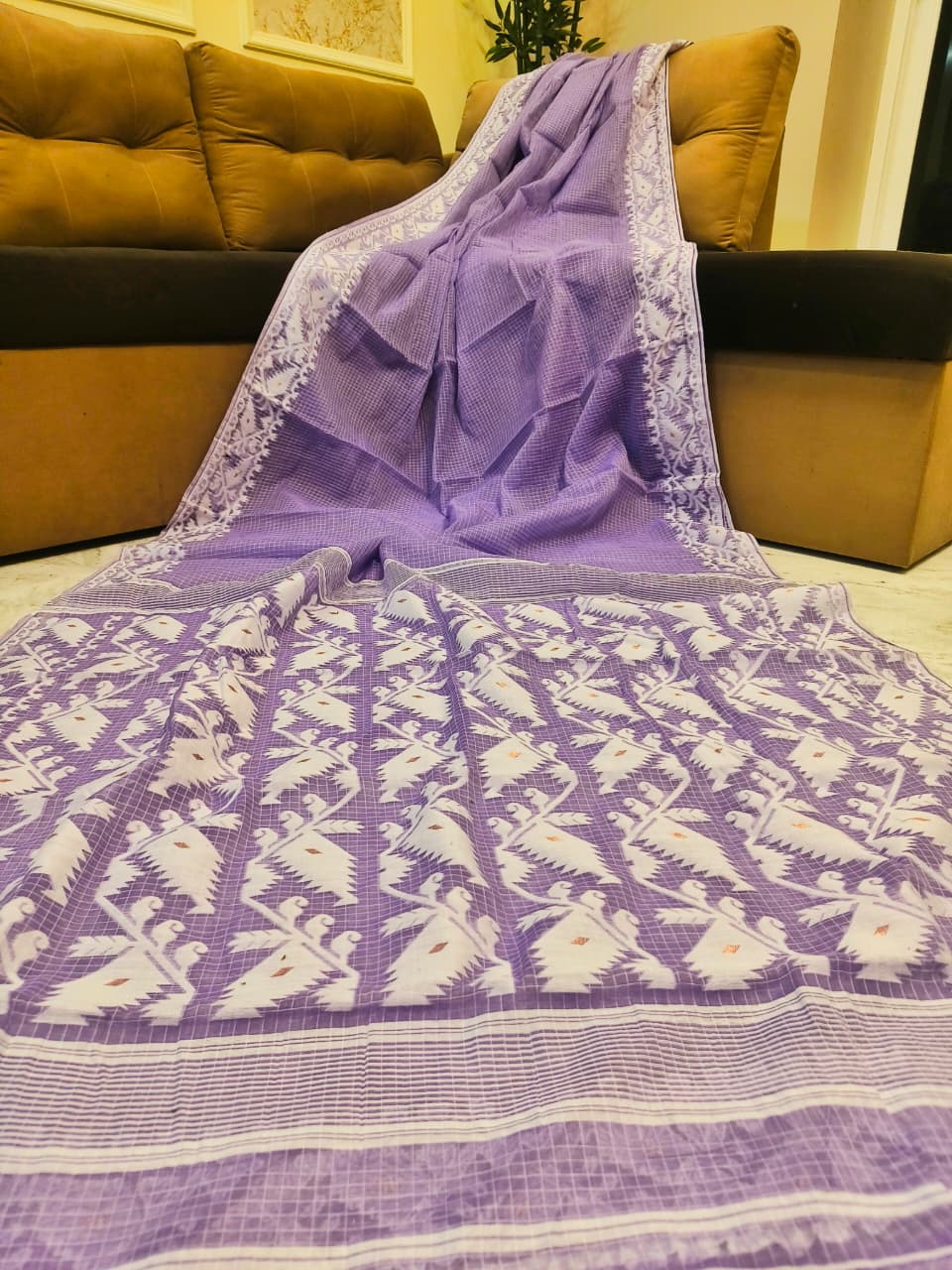 Premium Kota Soft Jamdani Saree - Lavender & White