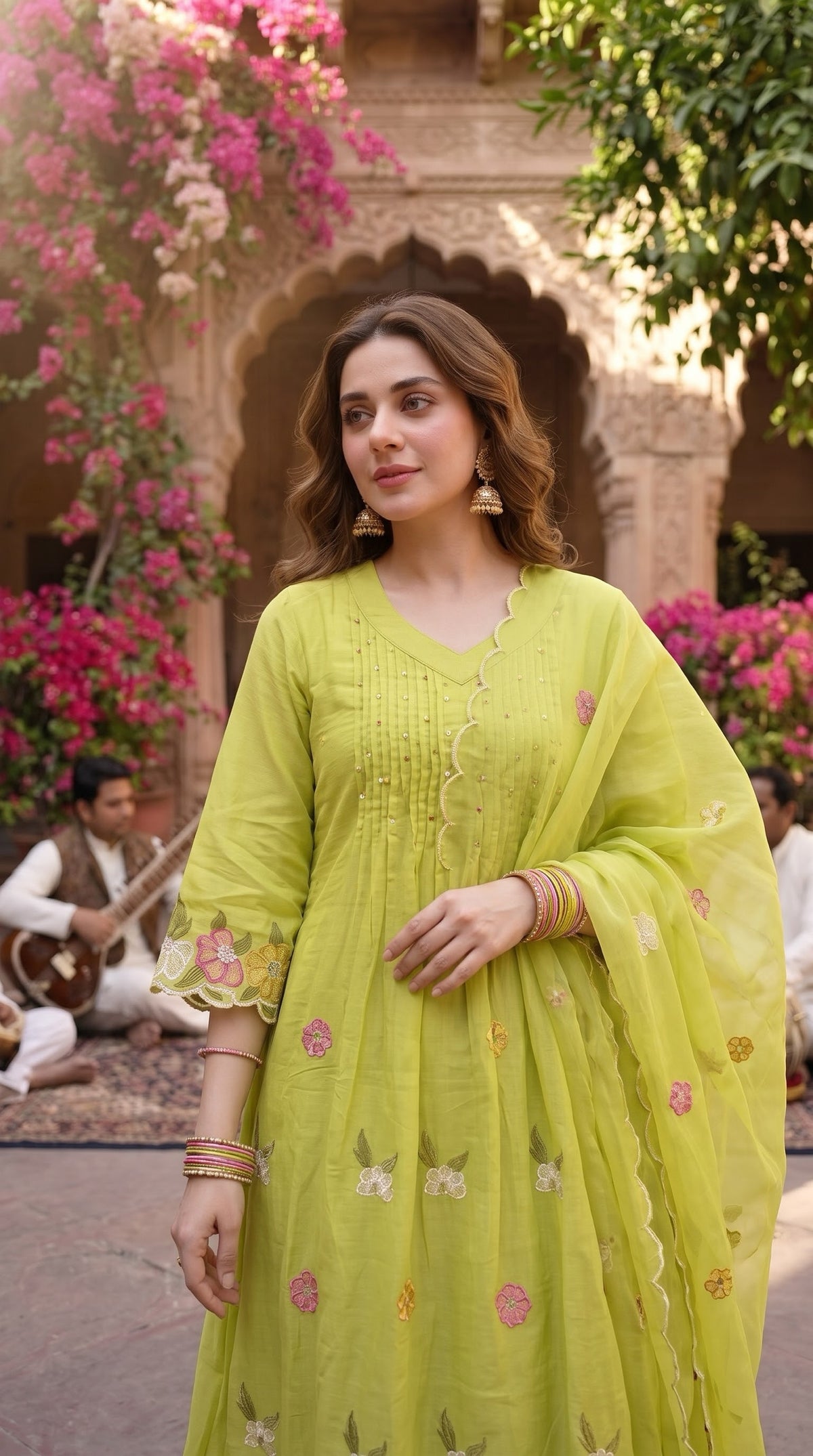 Lime green kurta pintuck yoke close up
