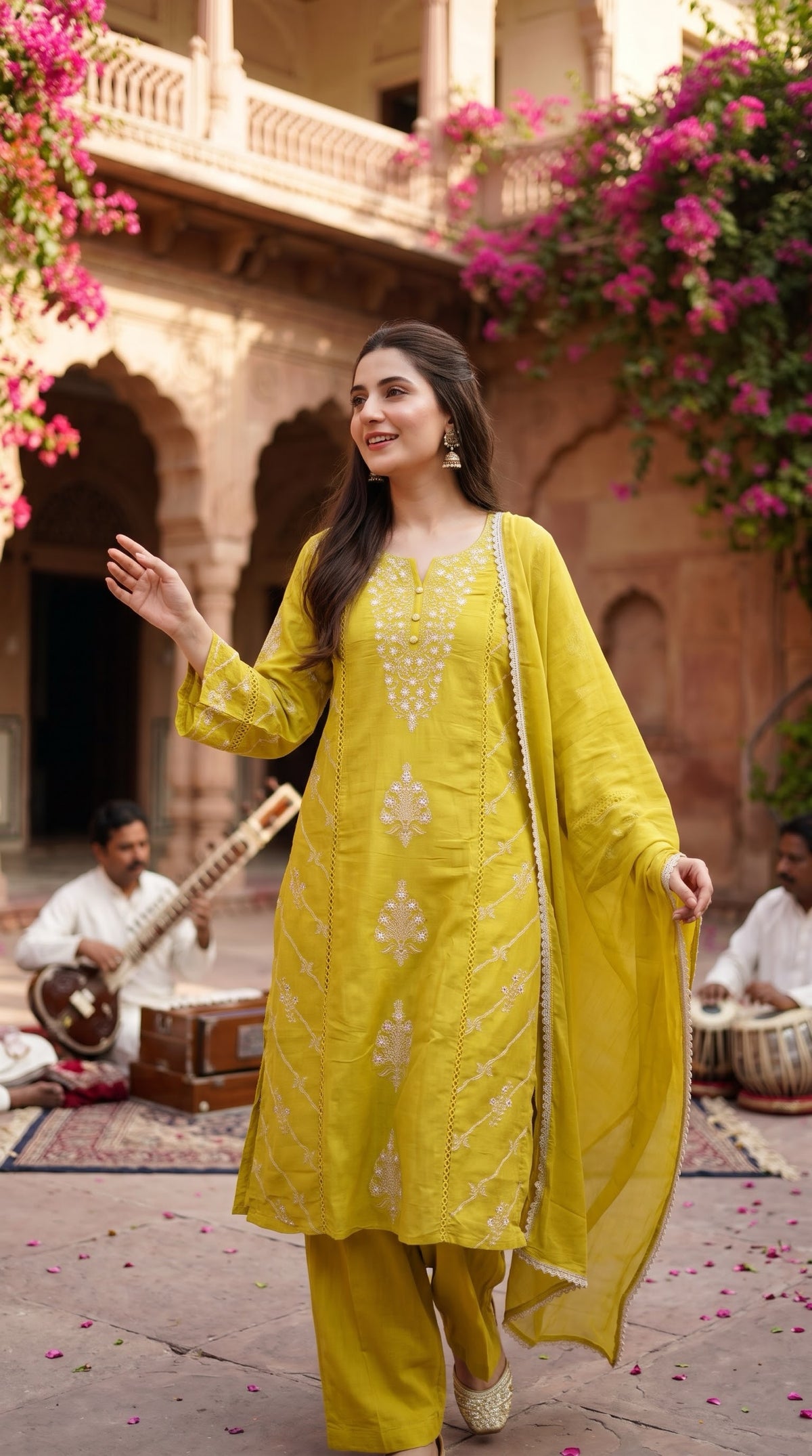 Lime Yellow Mul Cotton Embroidered Suit - Delhi Boutique