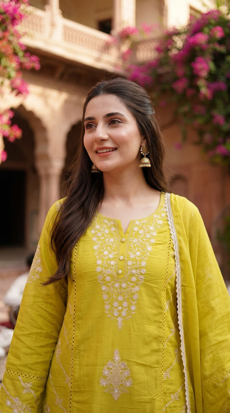 Lime Yellow Mul Cotton Suit embroidery close-up