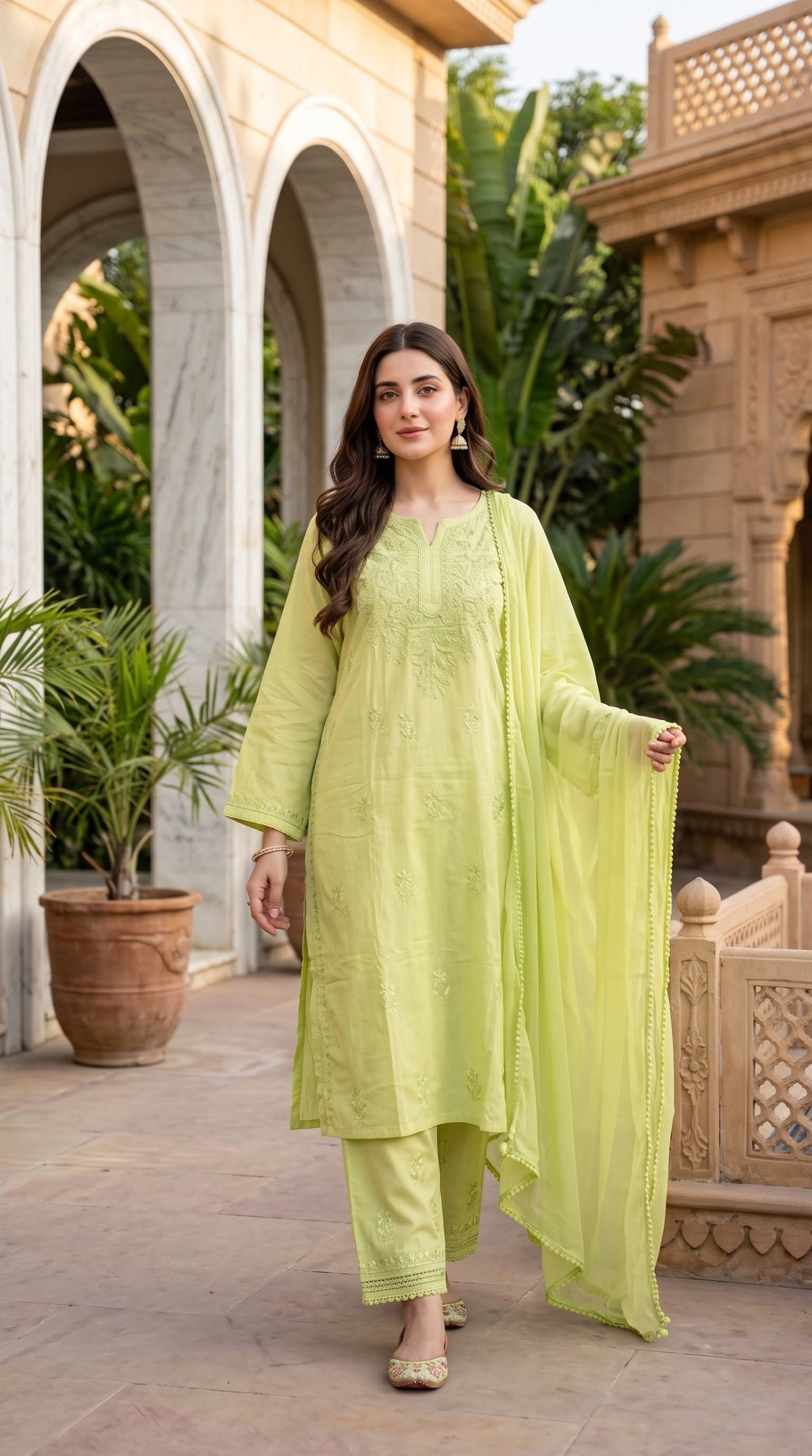 Lucknow 3pc Embroidered Suit - Lime Green - Front