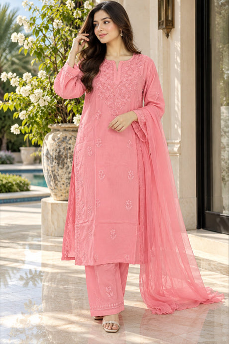 Lucknow 3pc Embroidered Suit - Pink - Front