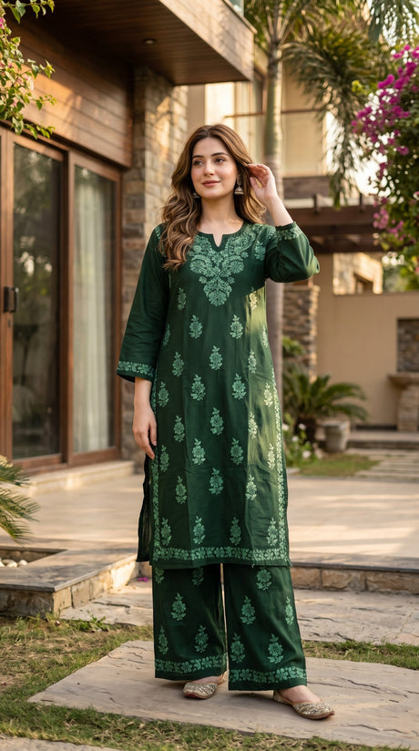 Lucknow 2pc Embroidered Co-Ord Set - Bottle Green - Front