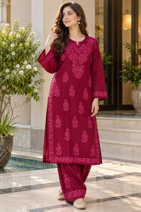 Lucknow 2pc Embroidered Co-Ord Set - Burgundy - Front