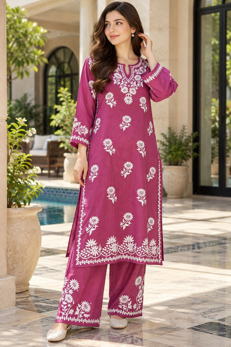 Lucknow 2pc Embroidered Co-Ord Set - Magenta - Front