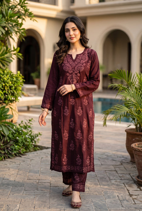 Lucknow 2pc Embroidered Co-Ord Set - Maroon - Front