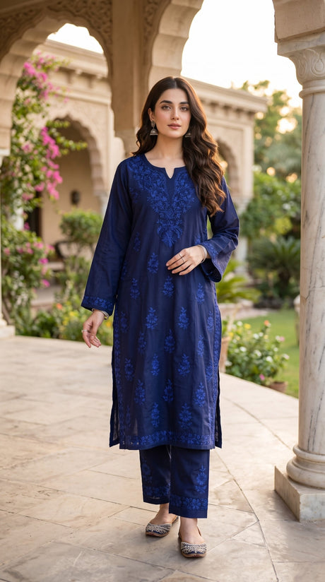 Lucknow 2pc Embroidered Co-Ord Set - Navy Blue - Front