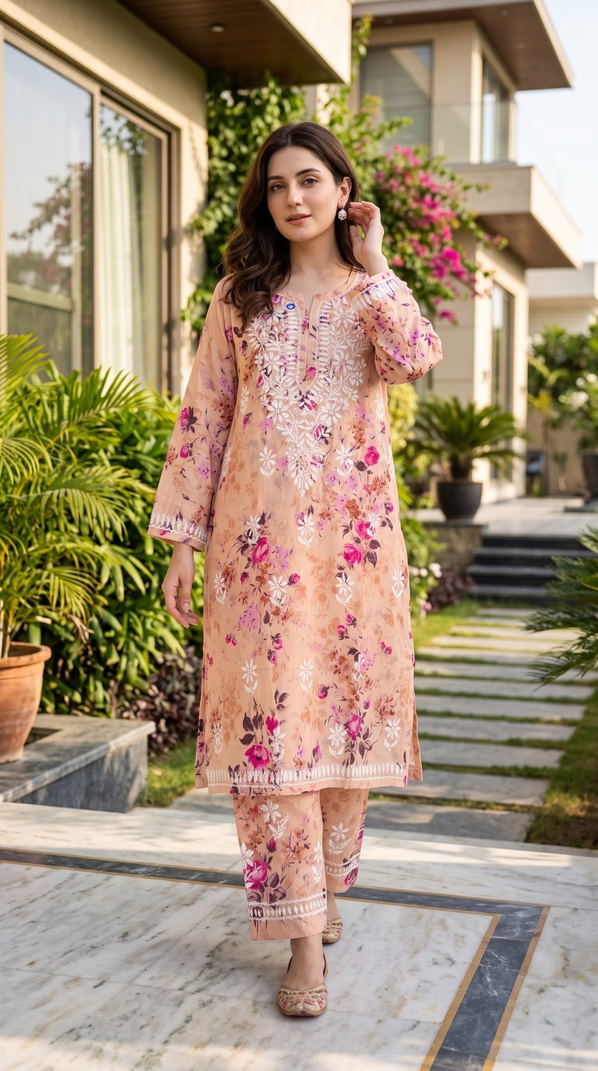 Lucknow 2pc Embroidered Co-Ord Set - Peach Floral Print - Front