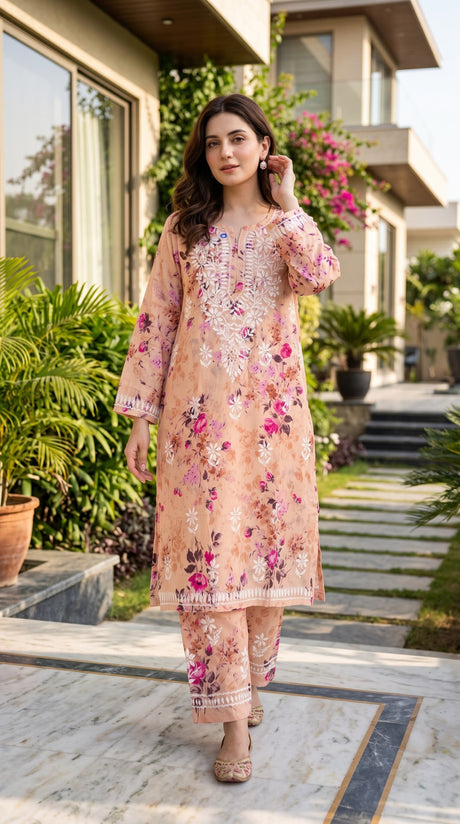 Lucknow 2pc Embroidered Co-Ord Set - Peach Floral Print - Front