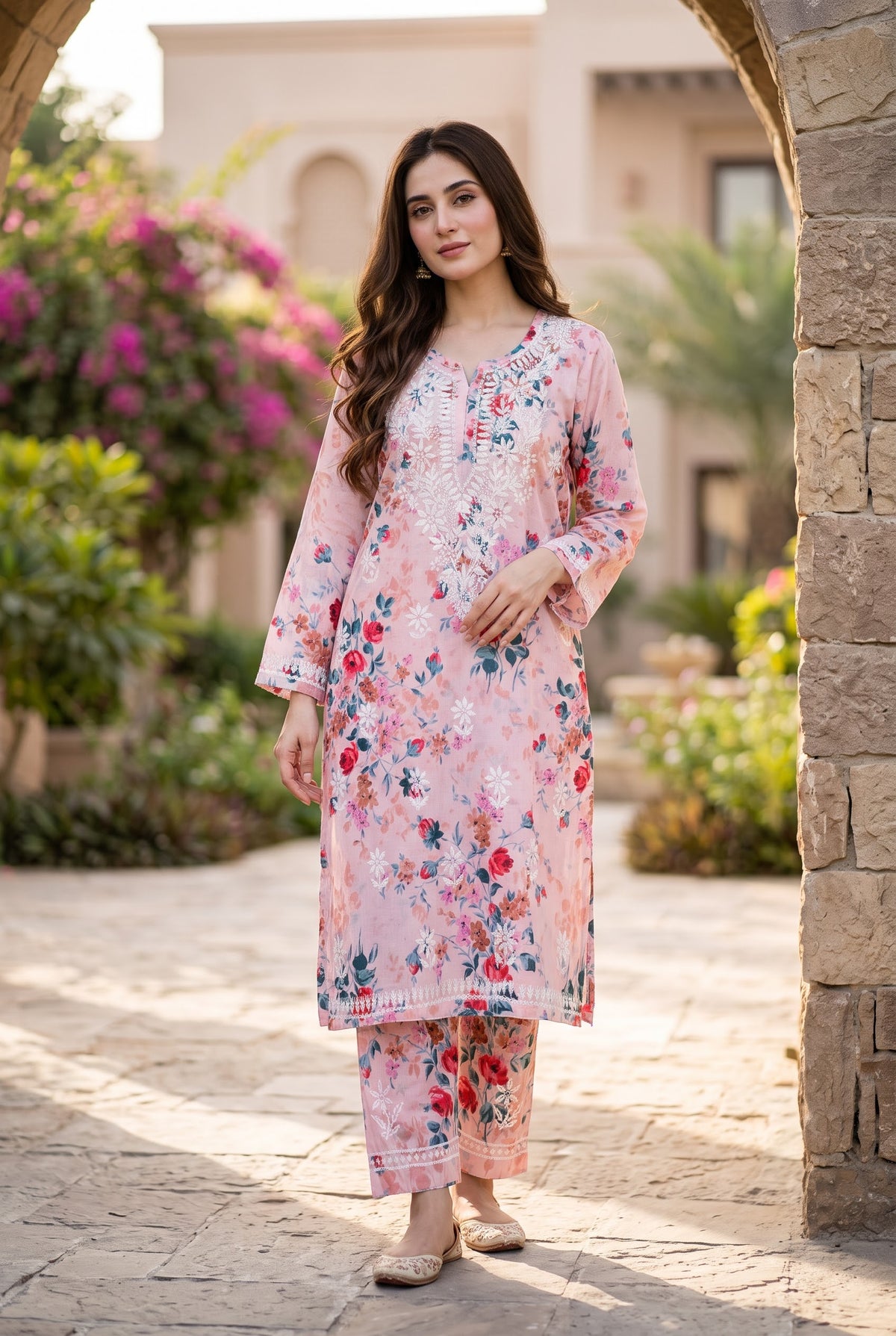 Lucknow 2pc Embroidered Co-Ord Set - Pink Floral Print - Front