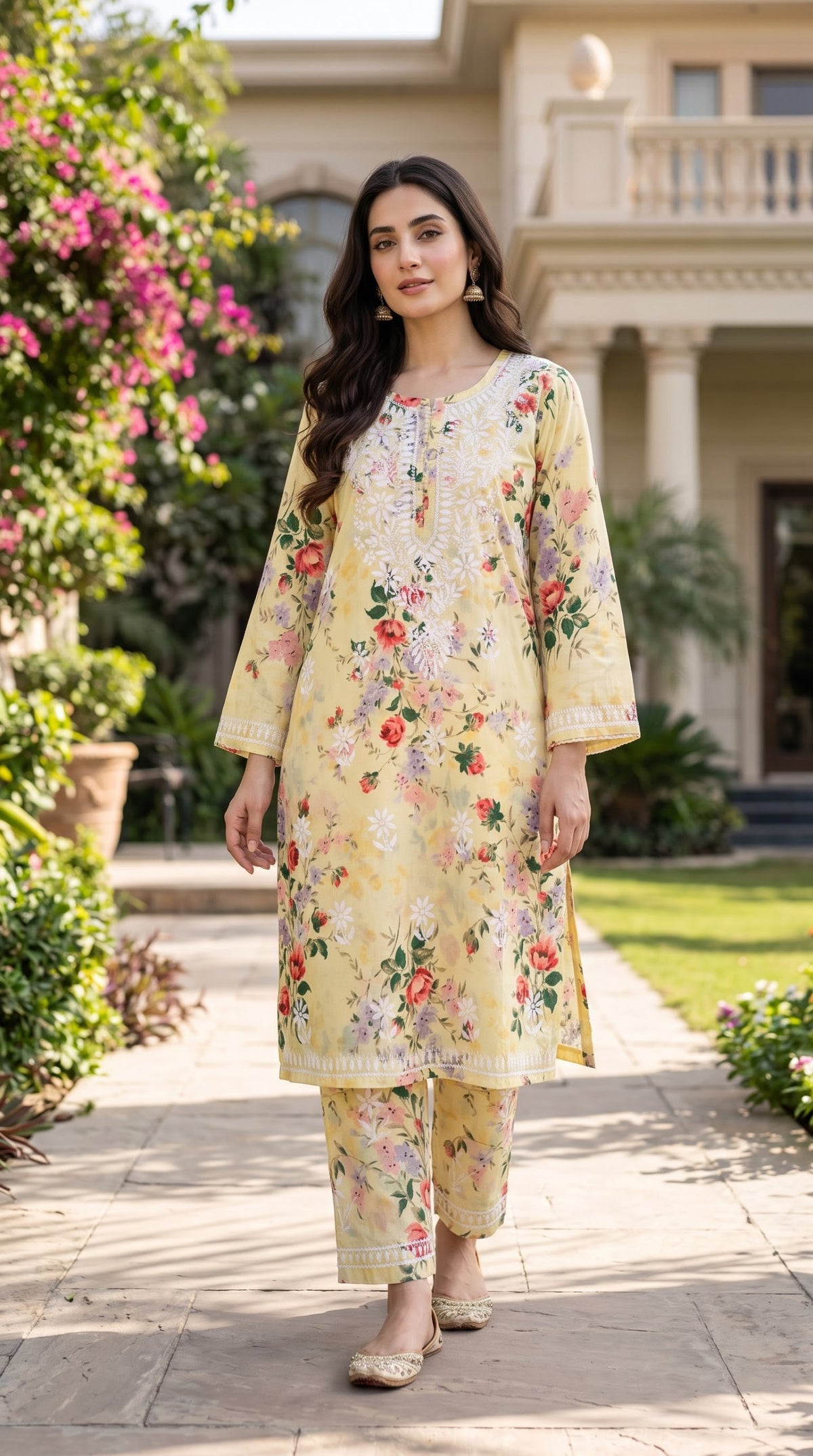 Lucknow 2pc Embroidered Co-Ord Set - Yellow Floral Print - Front