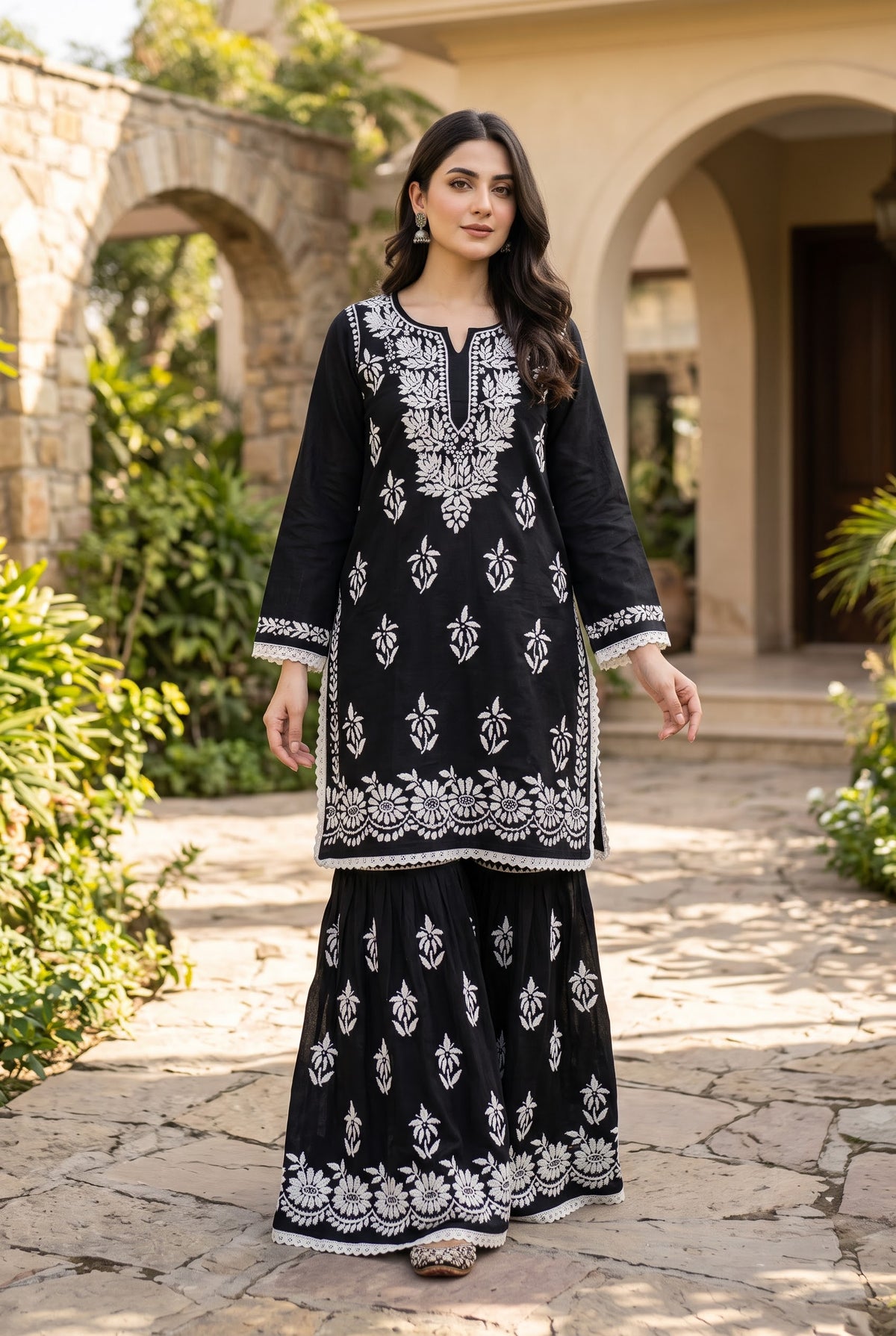 Lucknow 2pc Embroidered Gharara Set - Black - Front