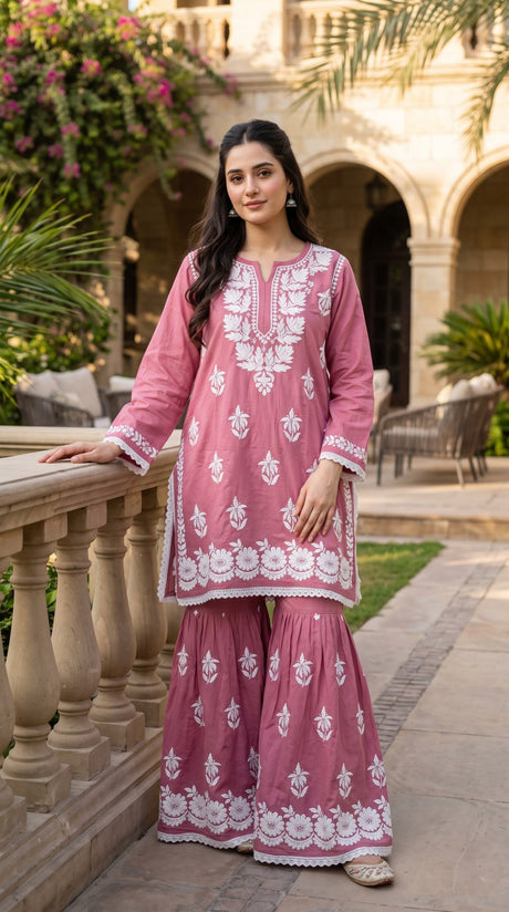 Lucknow 2pc Embroidered Gharara Set - Dusty Pink - Front