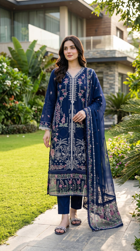Luxury Lawn Full Embroidered Navy Blue - Front