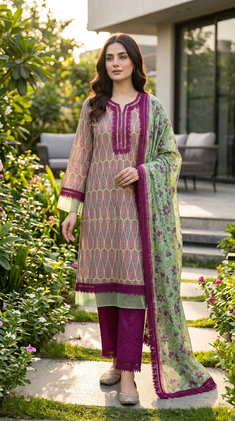Gulljee Luxury Lawn Lace Work Magenta Green - Front