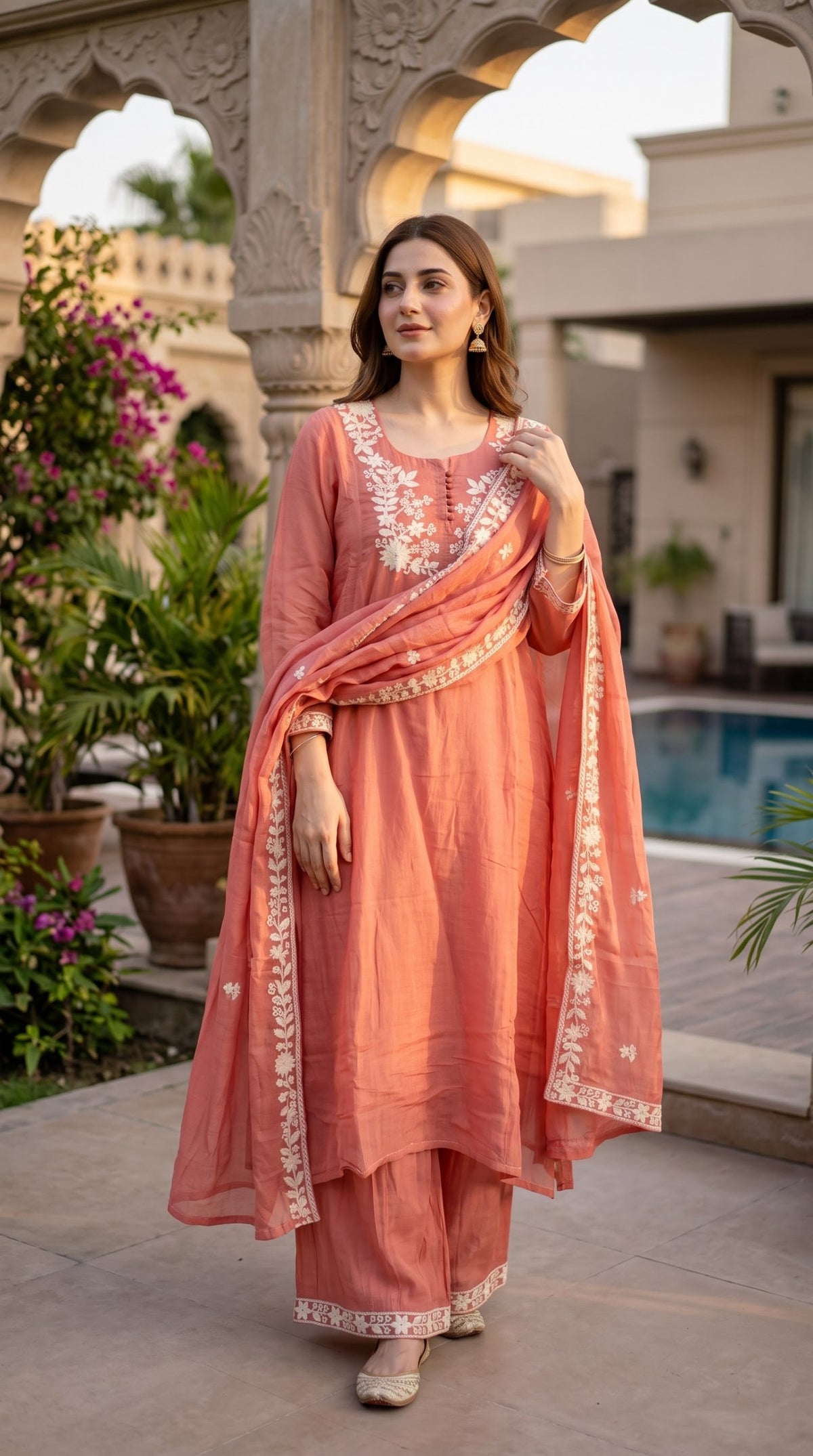 Mal Chanderi Thread Embroidered 3pc Suit - Coral - full look