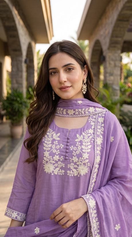 Mal Chanderi Thread Embroidered 3pc Suit - Lavender - close-up
