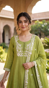 Mal Chanderi Thread Embroidered 3pc Suit - Olive Green - close-up