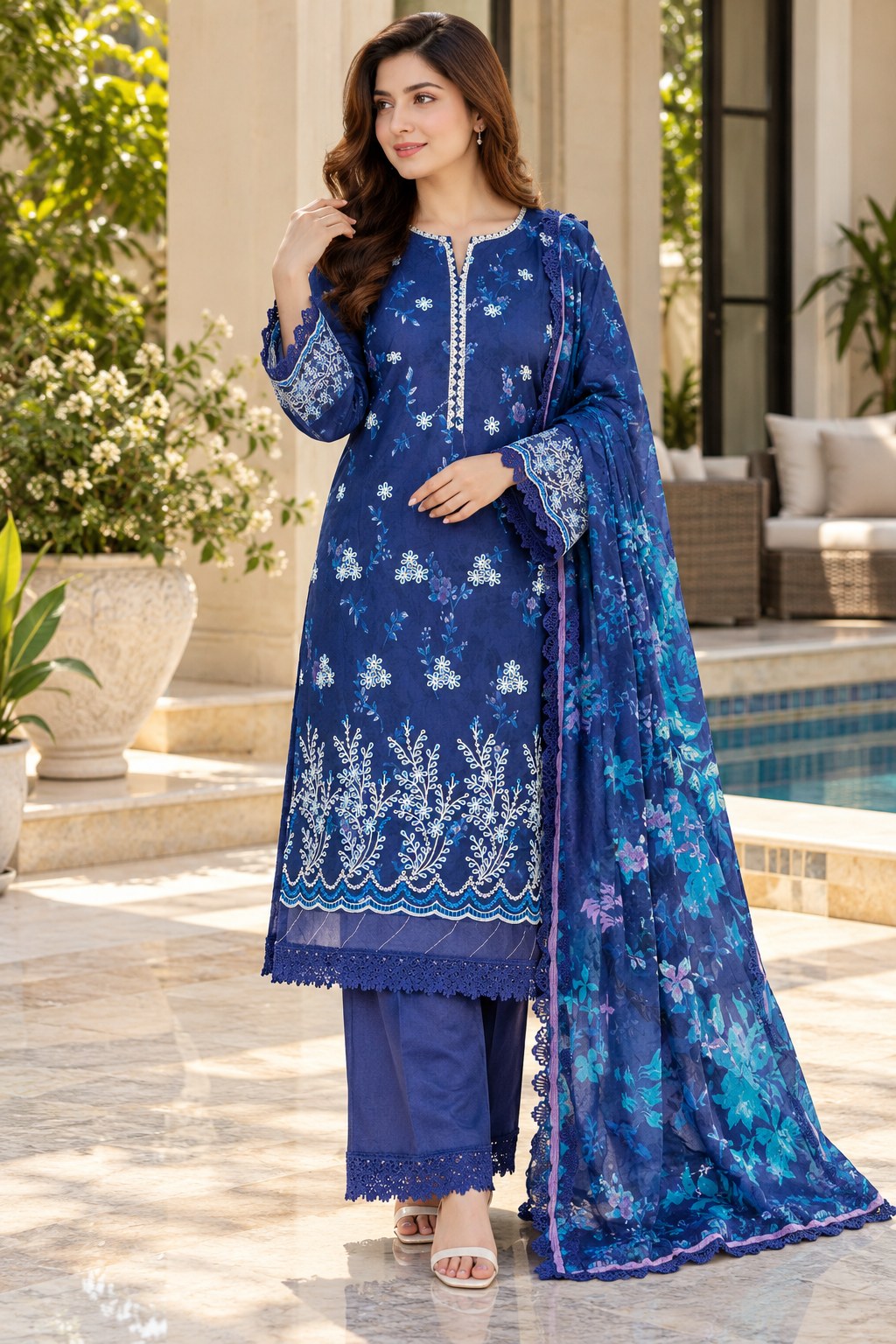 Mausummery Embroidered Summer Lawn - Royal Blue - Front