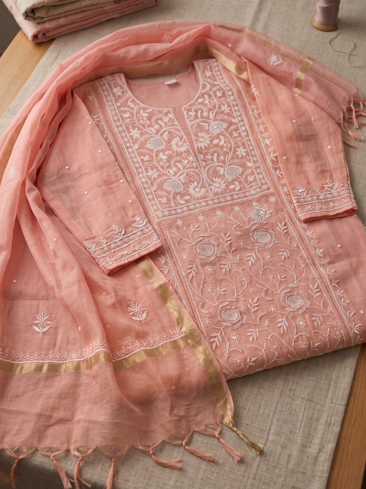 Mul Mul Chanderi Chikankari Peach - 2 Piece Suit