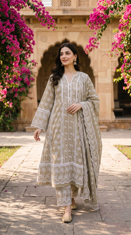 Beige Mul Mul cotton chikankari embroidered 3pc suit