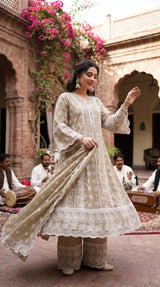 Beige Mul Mul cotton chikankari embroidered 3pc suit