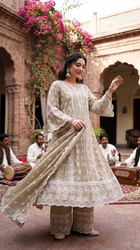 Beige Mul Mul cotton chikankari embroidered 3pc suit