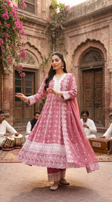 Dusty pink Mul Mul cotton chikankari embroidered 3pc suit