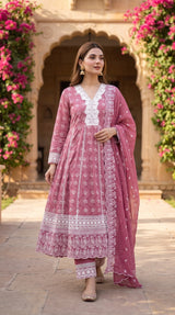 Dusty pink Mul Mul cotton chikankari embroidered 3pc suit