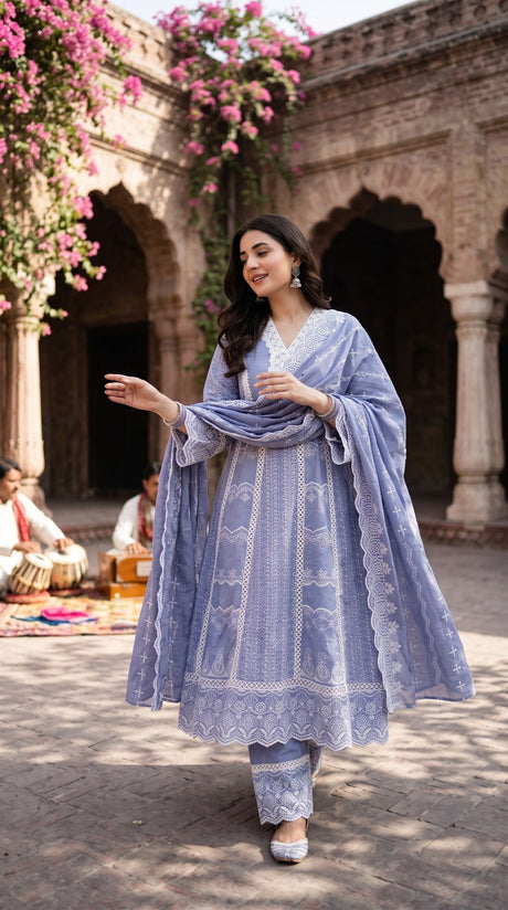 Lavender Mul Mul cotton chikankari embroidered 3pc suit