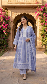Lavender Mul Mul cotton chikankari embroidered 3pc suit