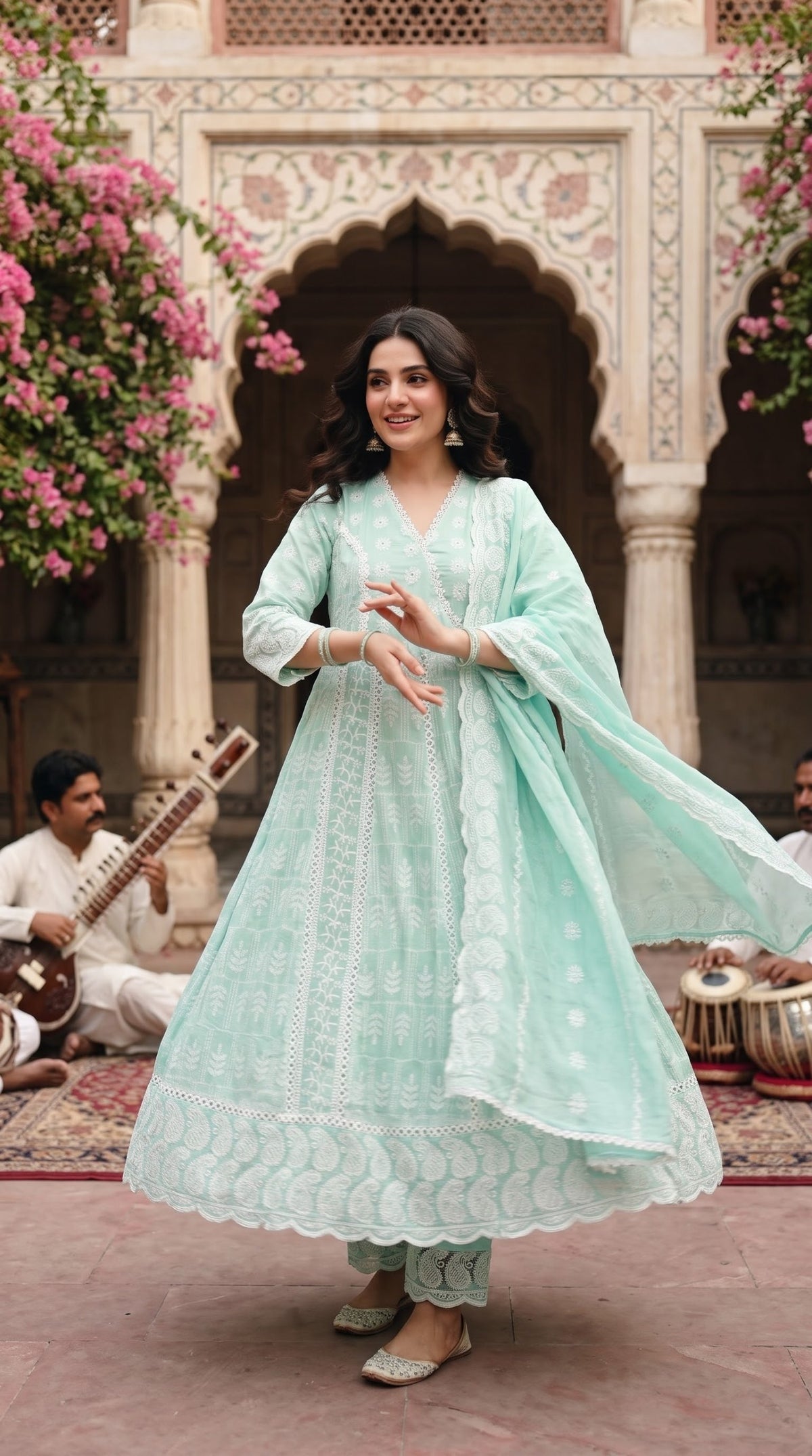 Mint green Mul Mul cotton chikankari embroidered 3pc suit