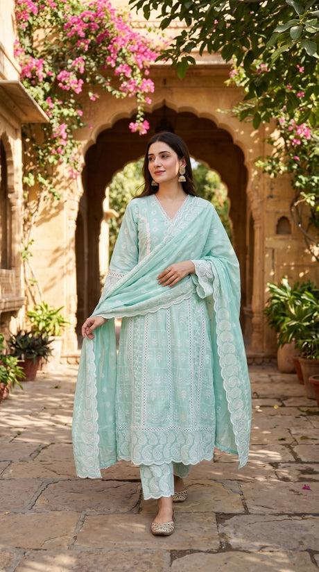 Mint green Mul Mul cotton chikankari embroidered 3pc suit