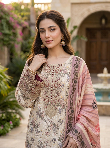 Munira Designers Dhanak Vol-07 Beige & Peach - close-up