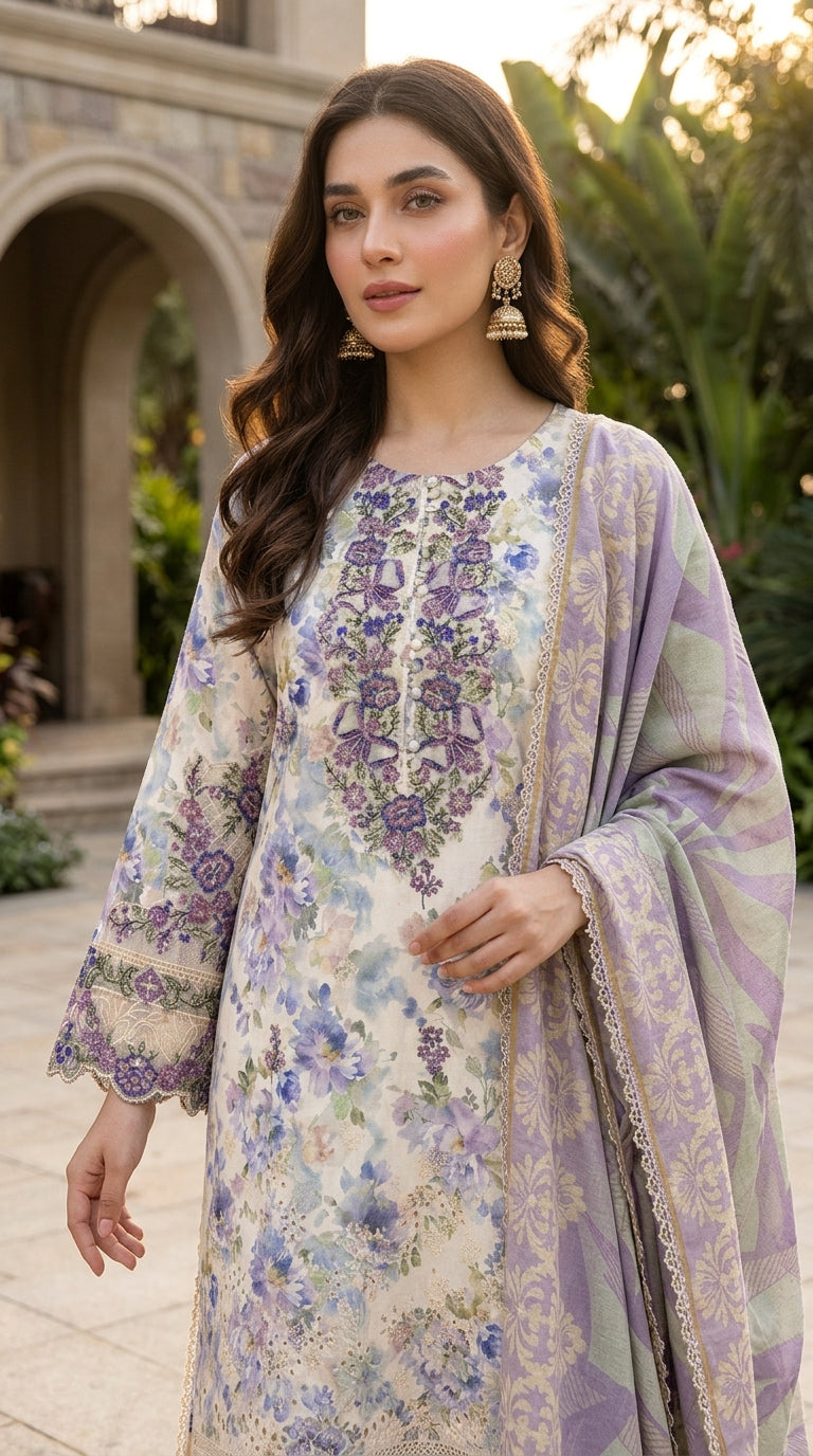 Munira Designers Dhanak Vol-07 Ivory & Lavender - close-up