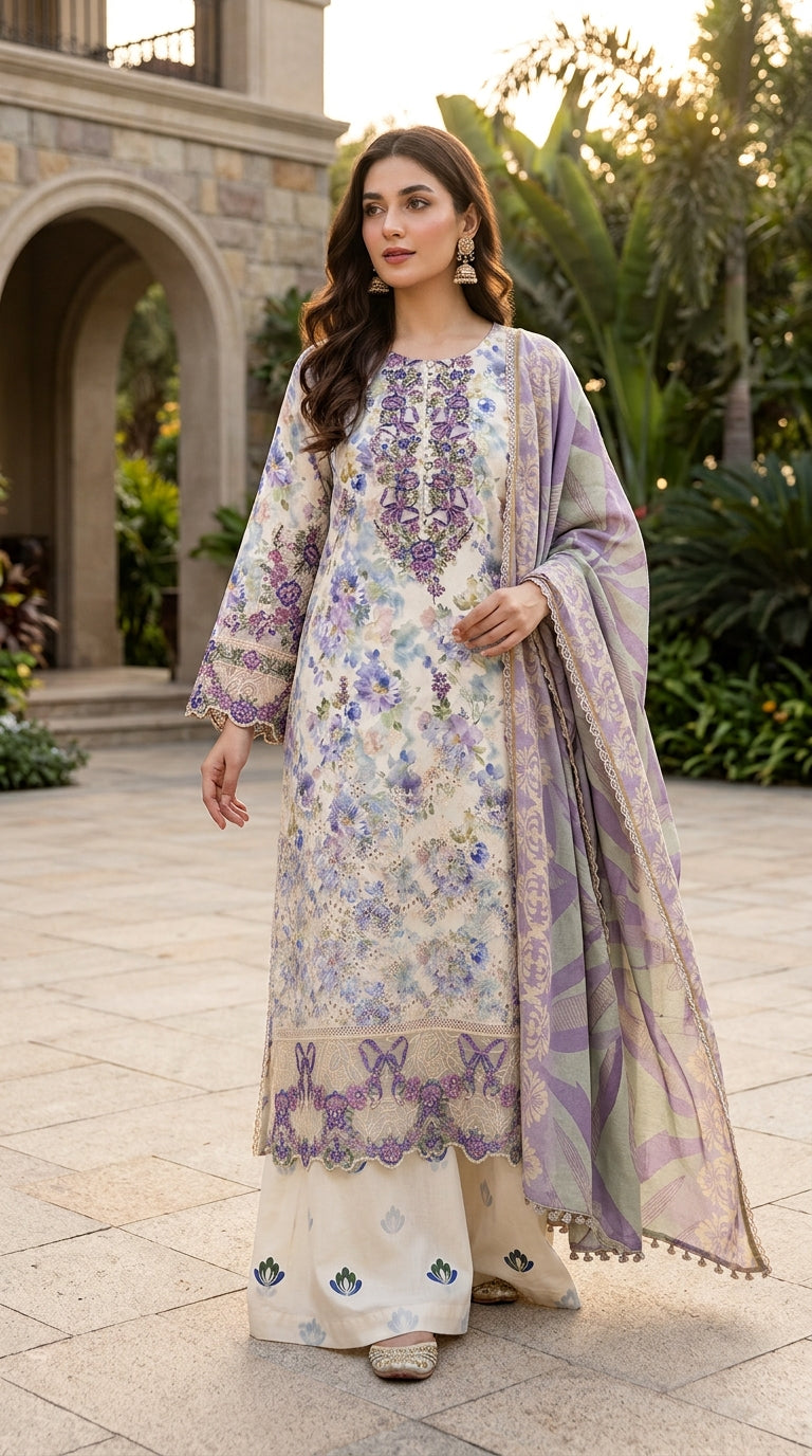 Munira Designers Dhanak Vol-07 Ivory & Lavender - full look