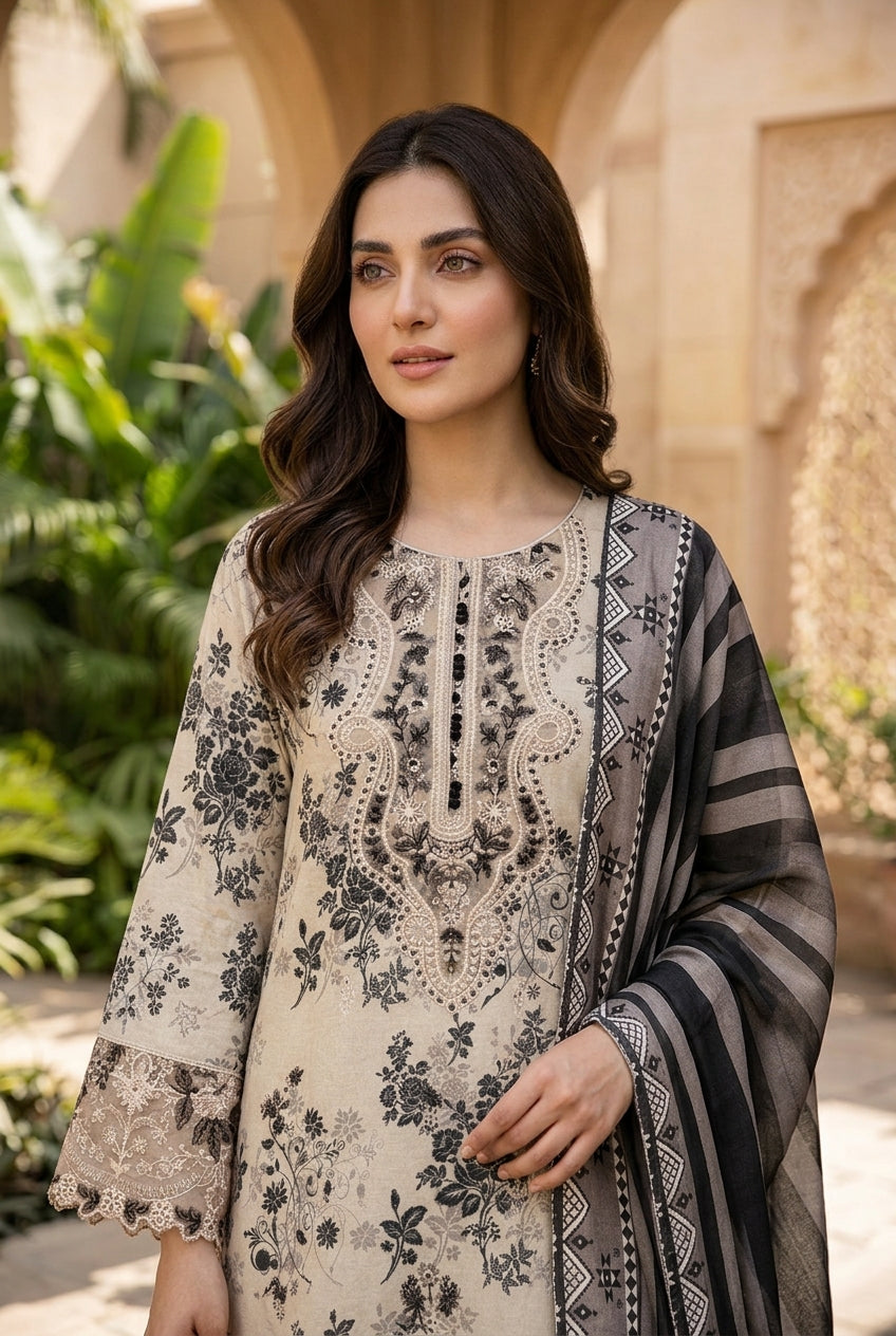 Munira Designers Dhanak Vol-07 Off-White & Grey - close-up