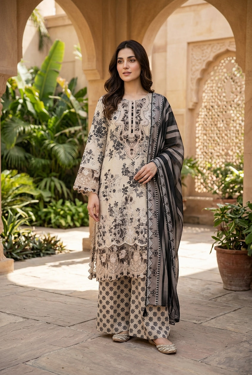 Munira Designers Dhanak Vol-07 Off-White & Grey - full look