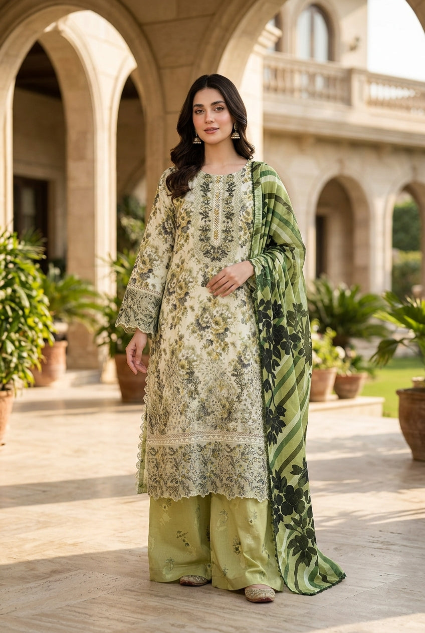 Munira Designers Dhanak Vol-07 Pista Green - full look