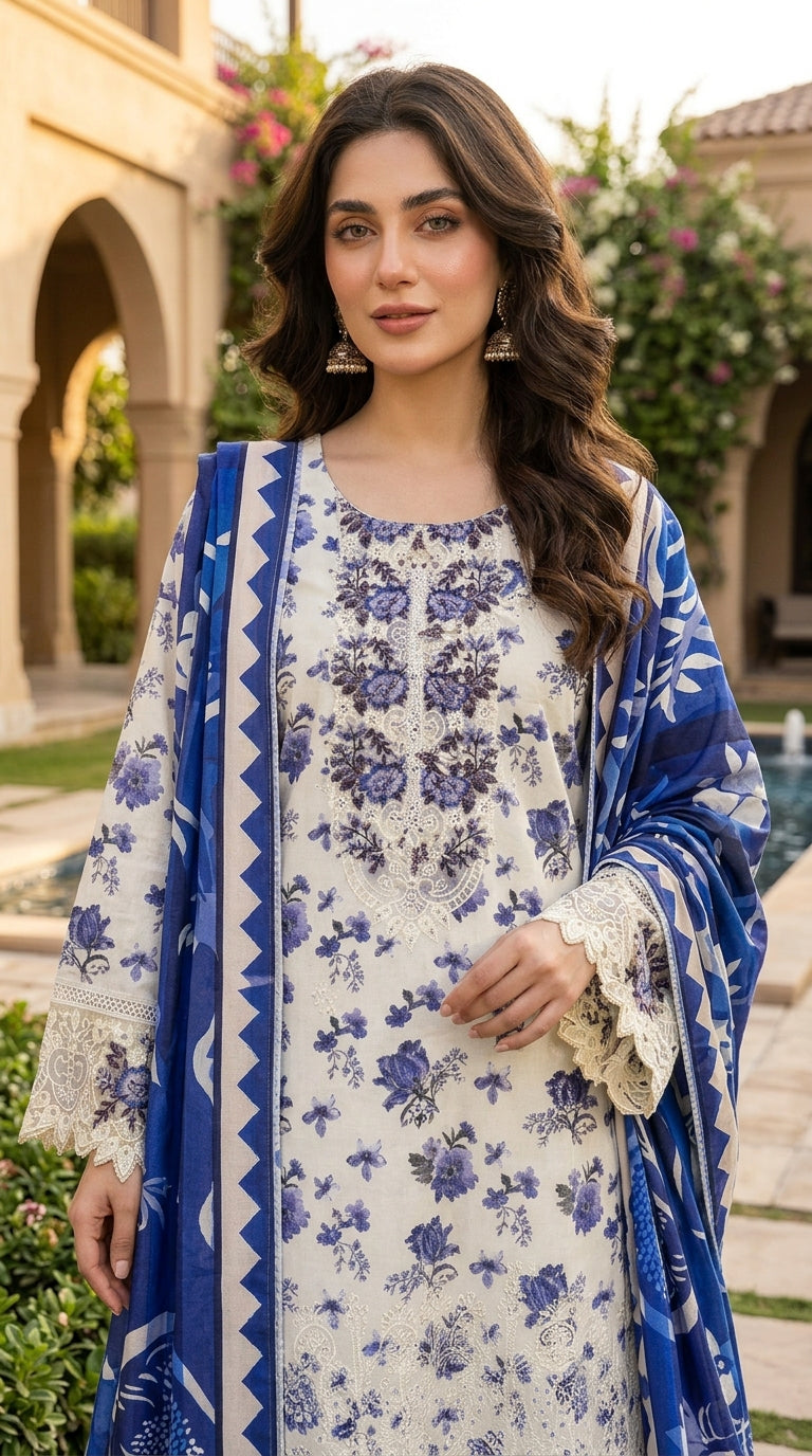 Munira Designers Dhanak Vol-07 White & Blue - close-up