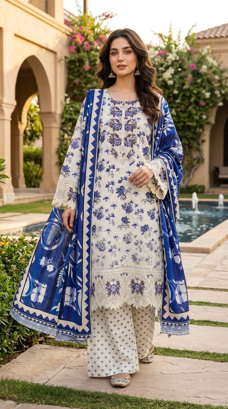 Munira Designers Dhanak Vol-07 White & Blue - full look