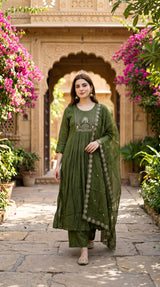 Olive green embroidered kurta palazzo set with dupatta