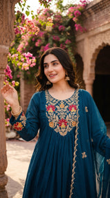 Peacock Blue Kurta Set embroidery close-up