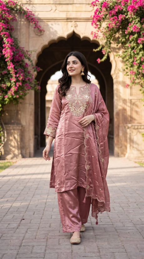 Dusty Rose Silk Embroidered Kurta Palazzo Set | Delhi Boutique - Video