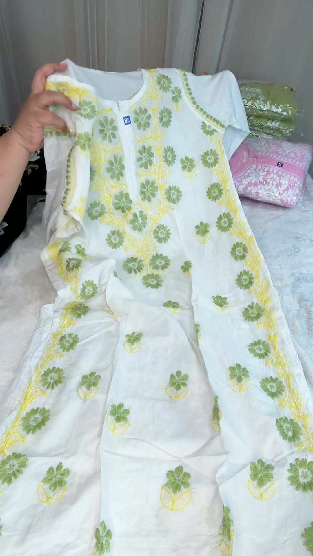 Lucknow Embroidered One Piece - White Green Floral - Video