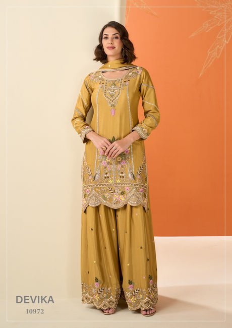 Devika Premium Chinon Silk Sharara Suit Mustard - Video
