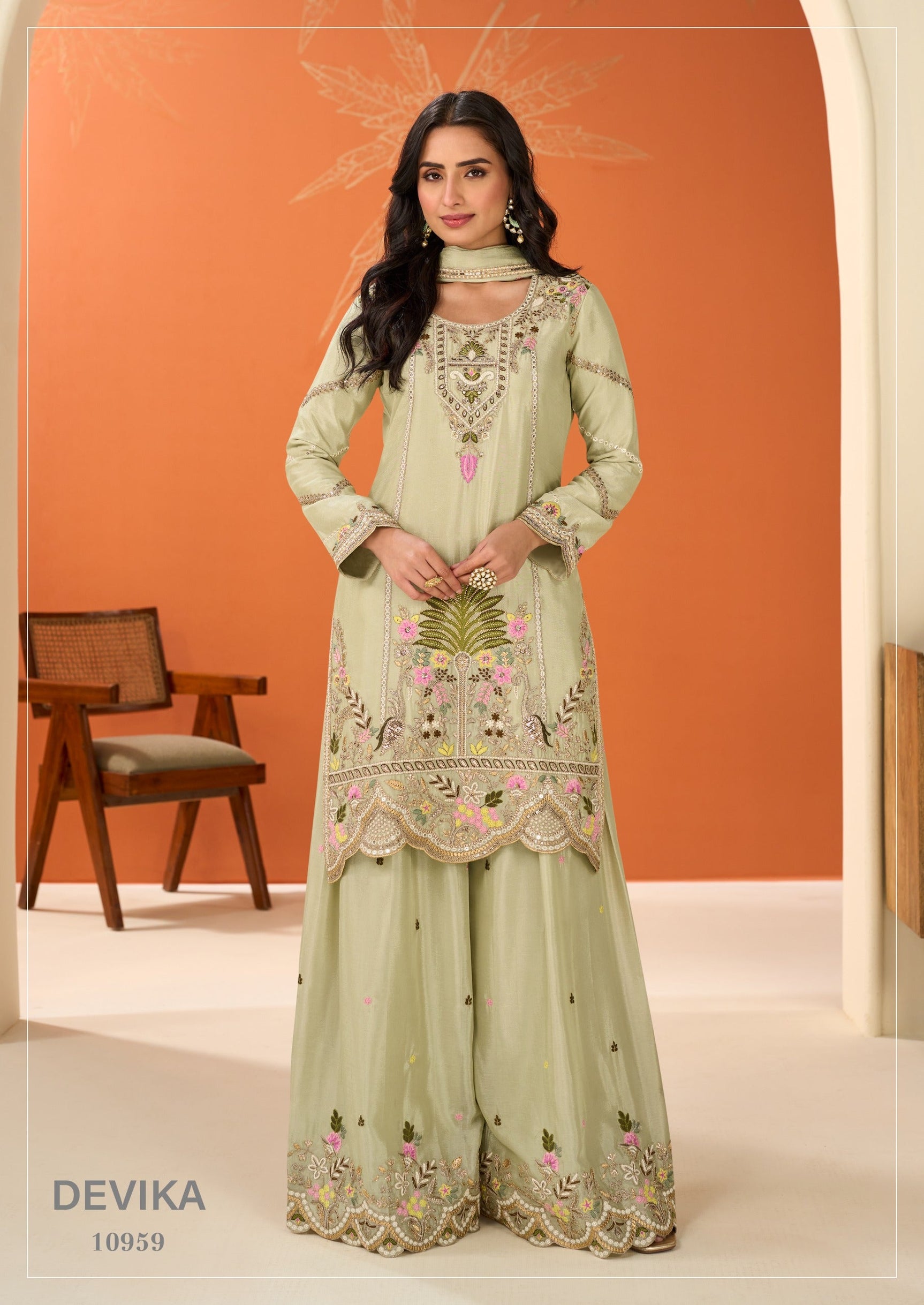 Devika Premium Chinon Silk Sharara Suit Pista Green - Video