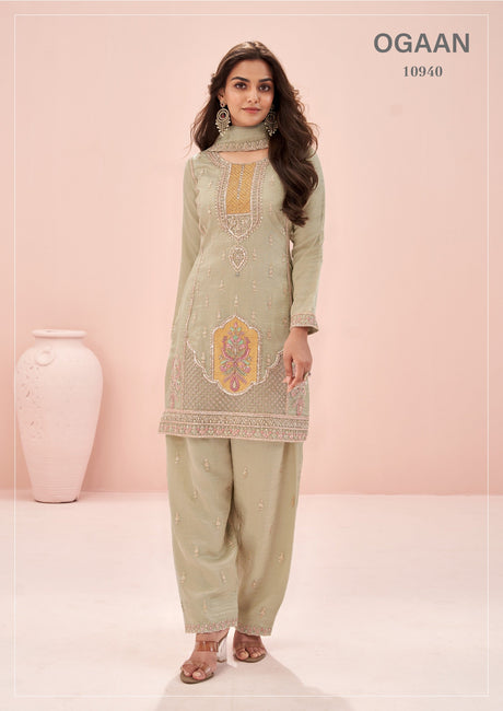 Ogaan 10940 Sage Green Indian Chinon Premium Suit - Video