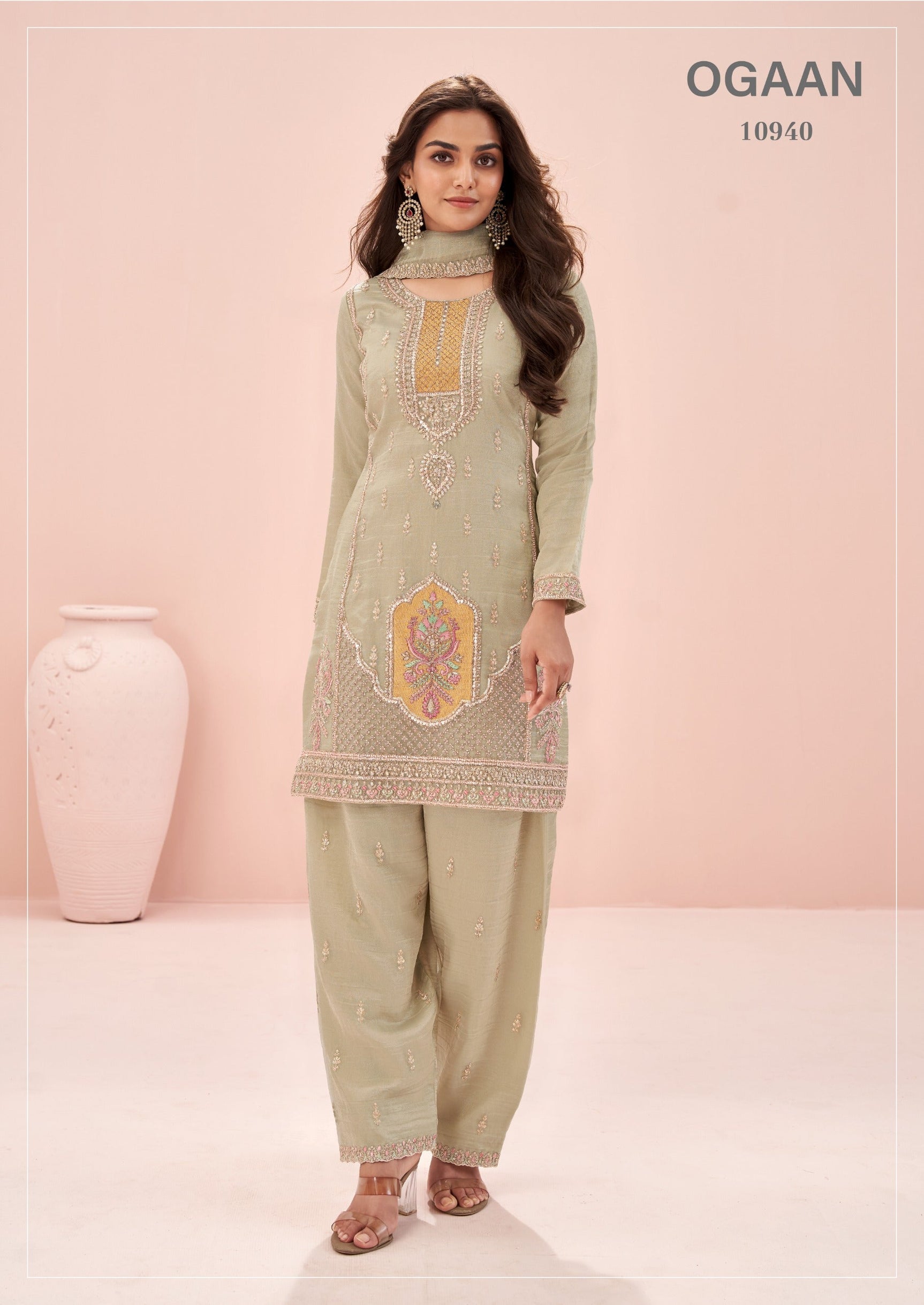 Ogaan 10940 Sage Green Indian Chinon Premium Suit - Video