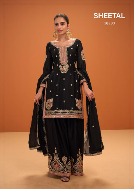 Sheetal 10803 Black Chinnon Silk Festive Palazzo Suit - Video
